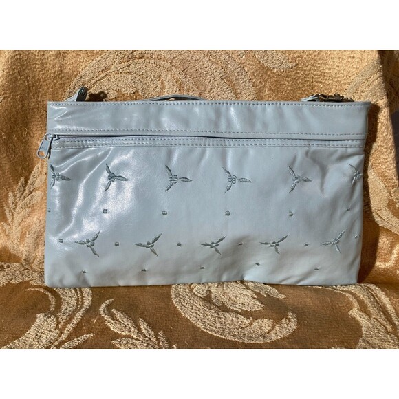 Vintage 80s Purse 1980s Robins Egg Blue Pleather Embroidered Retro Handbag - Picture 2 of 4